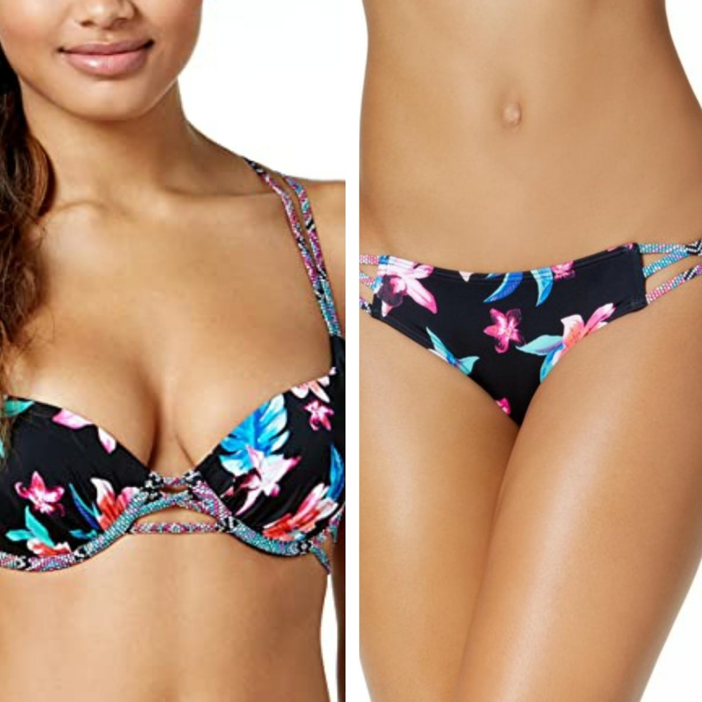 NWT Sundaze harper 2pc black pink  multi floral bikini swimsuit 32 B/C large